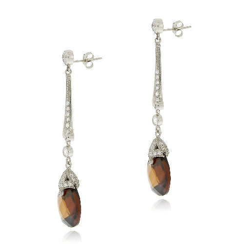 Sterling Silver 18ct Chocolate & Clear CZ Estate Dangle Earrings-2