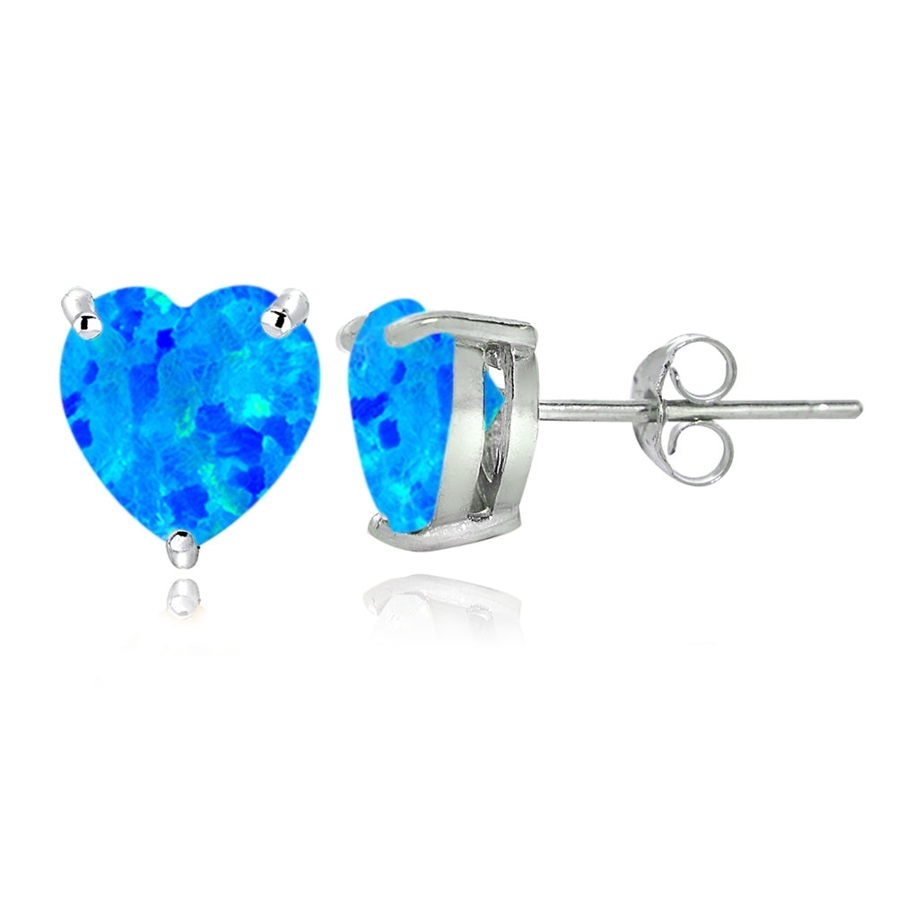 Sterling Silver Created Blue Opal Heart Stud Earrings, 7mm
