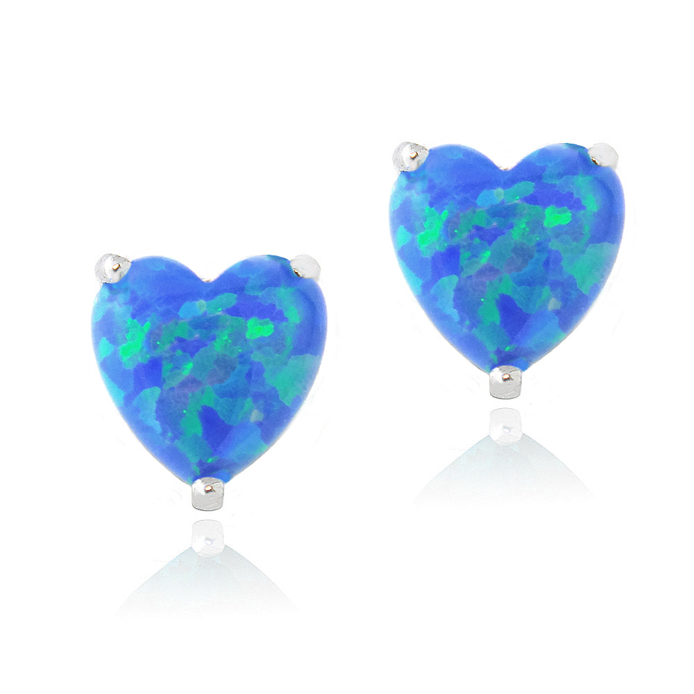 Sterling Silver Created Blue Opal Heart Stud Earrings, 7mm-3