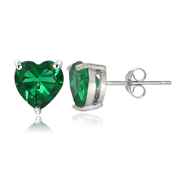 Sterling Silver Created Emerald 7mm Heart Stud Earrings