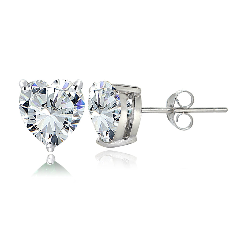 Sterling Silver Cubic Zirconia 7mm Heart Stud Earrings