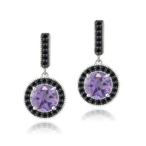 Sterling Silver 2.8ct Amethyst & Black Spinel Round Dangle Earrings