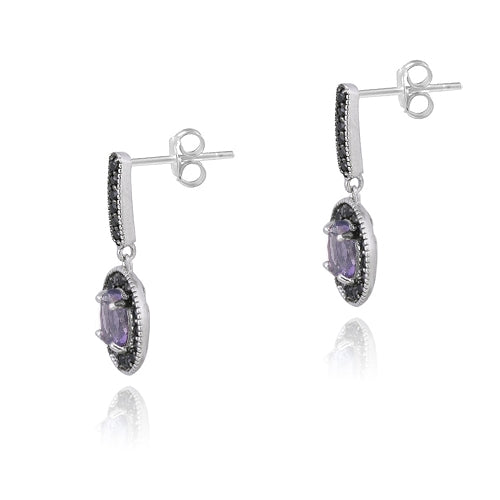 Sterling Silver 2.8ct Amethyst & Black Spinel Round Dangle Earrings-2