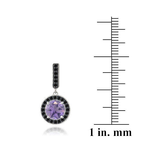Sterling Silver 2.8ct Amethyst & Black Spinel Round Dangle Earrings-3