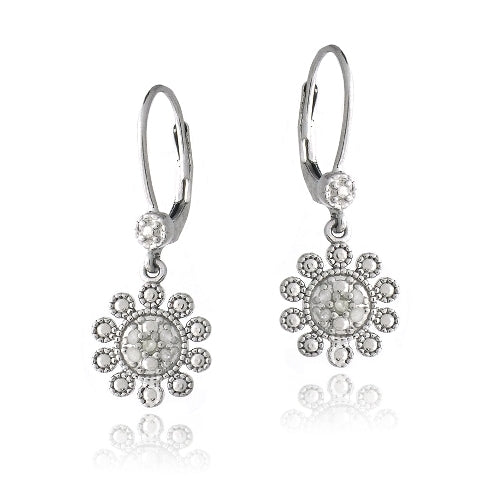 Sterling Silver 1/10 ct Diamond Flower Dangle Leverback Earrings