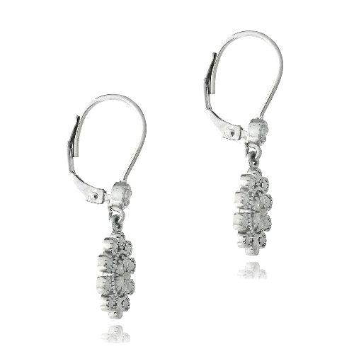 Sterling Silver 1/10 ct Diamond Flower Dangle Leverback Earrings-2