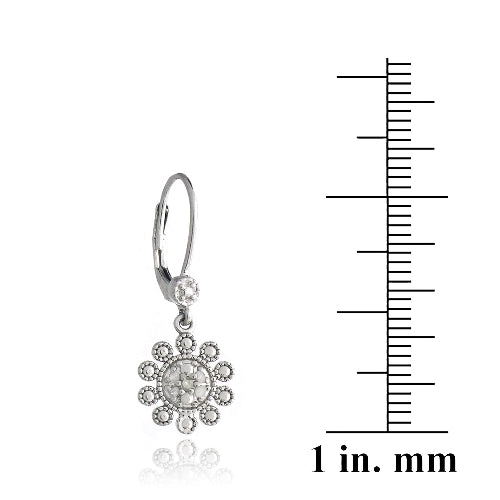 Sterling Silver 1/10 ct Diamond Flower Dangle Leverback Earrings-3