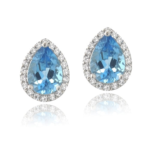 Sterling Silver 4.5ct London Blue Topaz & CZ Teardrop Stud Earrings