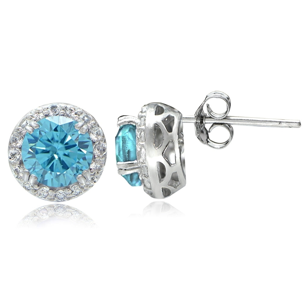 Sterling Silver 3ct Aquamarine CZ & White Topaz Halo Stud Earrings