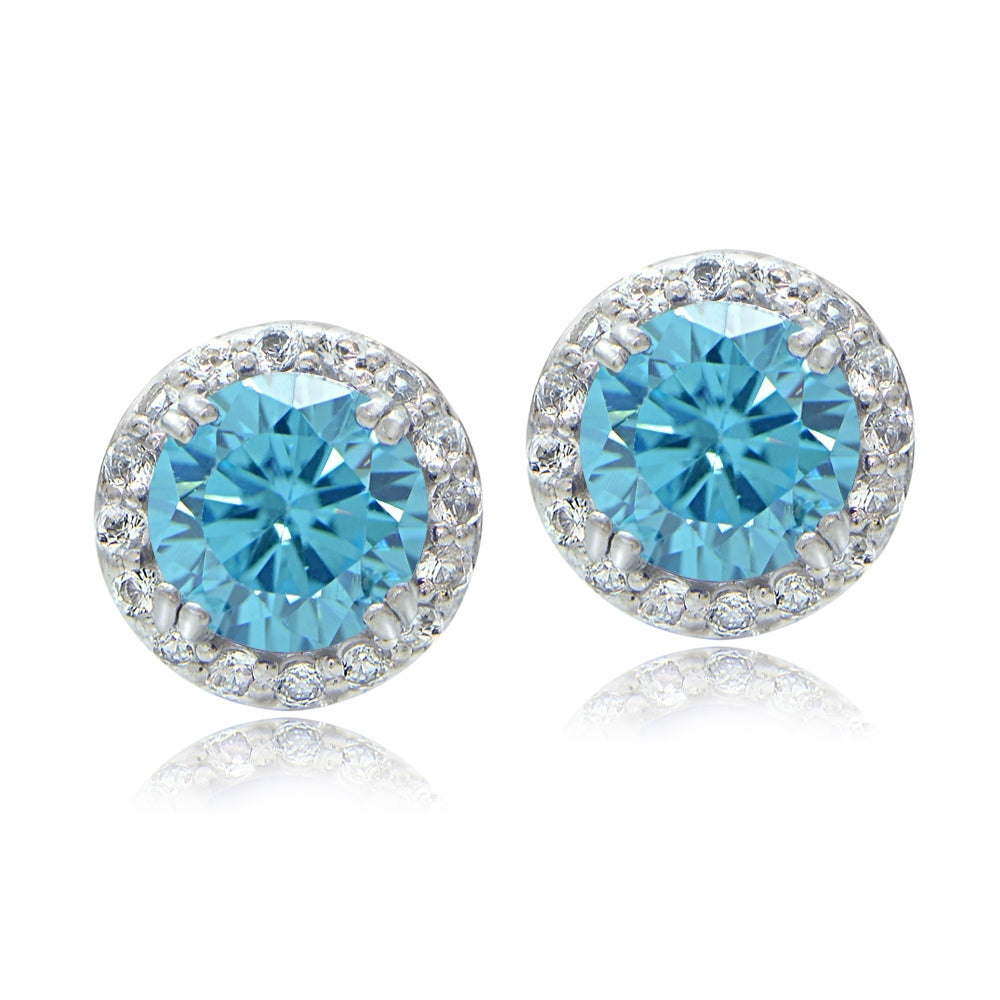 Sterling Silver 3ct Aquamarine CZ & White Topaz Halo Stud Earrings-2