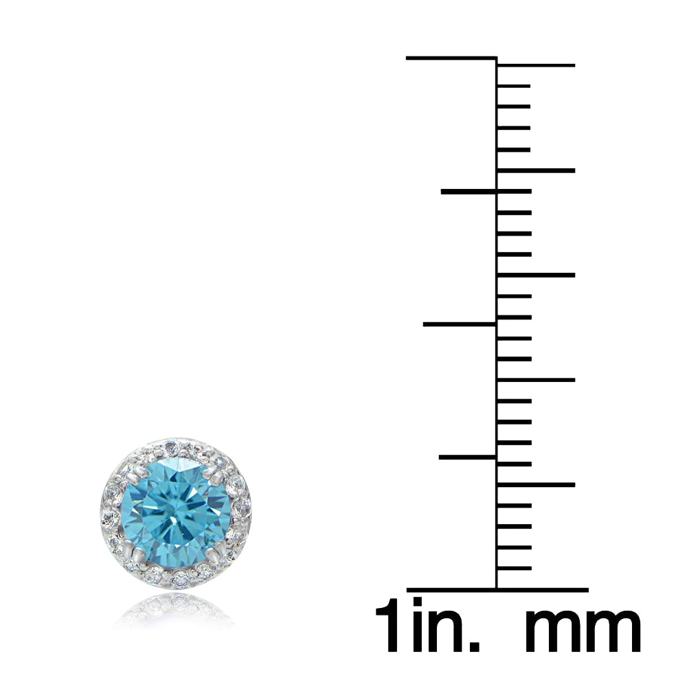 Sterling Silver 3ct Aquamarine CZ & White Topaz Halo Stud Earrings-3