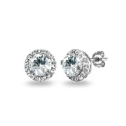 Sterling Silver Aquamarine & White Topaz Round Halo Stud Earrings