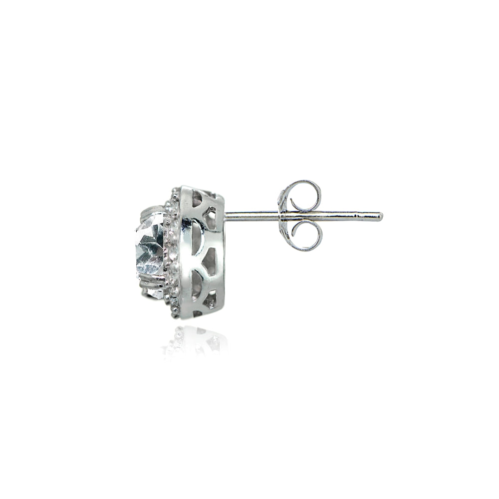 Sterling Silver Aquamarine & White Topaz Round Halo Stud Earrings-3