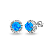 Sterling Silver Created Blue Opal & White Topaz Round Halo Stud Earrings