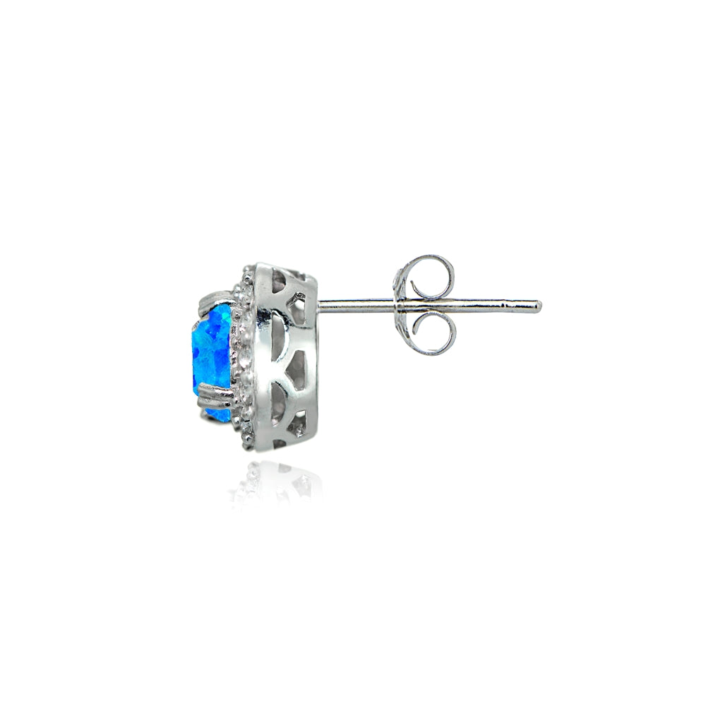 Sterling Silver Created Blue Opal & White Topaz Round Halo Stud Earrings-3