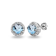 Sterling Silver Blue Topaz & White Topaz Round Halo Stud Earrings