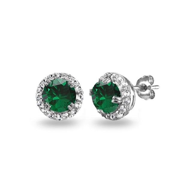 Sterling Silver Created Emerald & White Topaz Round Halo Stud Earrings