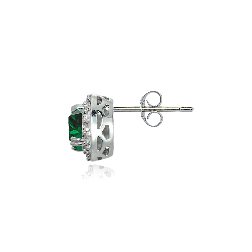 Sterling Silver Created Emerald & White Topaz Round Halo Stud Earrings-3