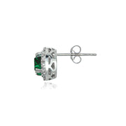Sterling Silver Created Emerald & White Topaz Round Halo Stud Earrings