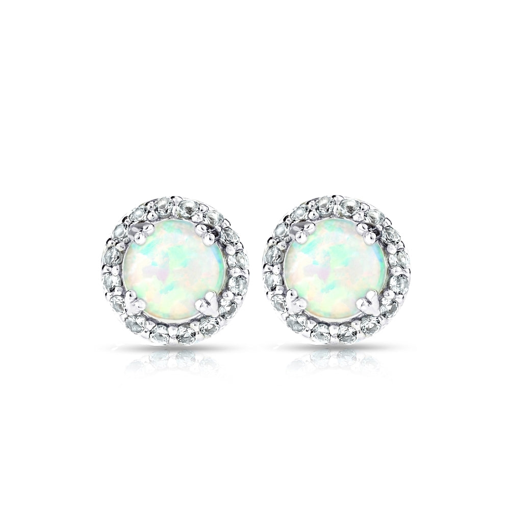 Sterling Silver Created White Opal and Blue Topaz Round Halo Stud Earrings