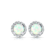 Sterling Silver Created White Opal and Blue Topaz Round Halo Stud Earrings