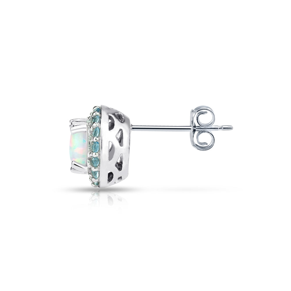 Sterling Silver Created White Opal and Blue Topaz Round Halo Stud Earrings-3