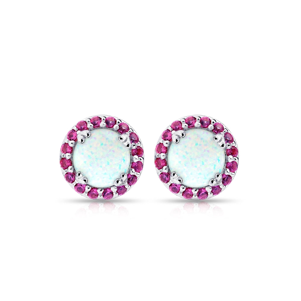 Sterling Silver Created White Opal and Ruby Round Halo Stud Earrings