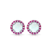 Sterling Silver Created White Opal and Ruby Round Halo Stud Earrings