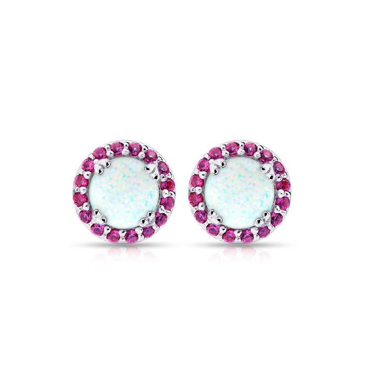 Sterling Silver Created White Opal and Ruby Round Halo Stud Earrings