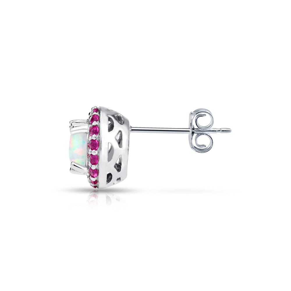 Sterling Silver Created White Opal and Ruby Round Halo Stud Earrings-3