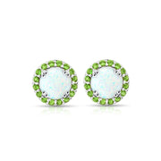 Sterling Silver Created White Opal and Peridot Round Halo Stud Earrings