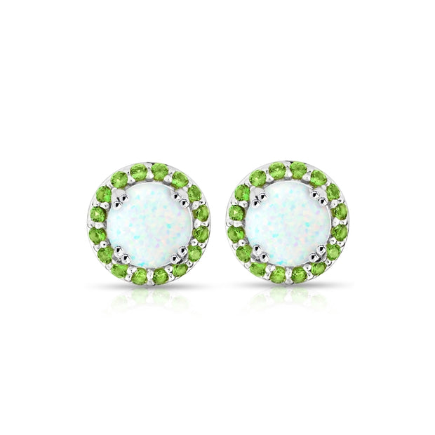 Sterling Silver Created White Opal and Peridot Round Halo Stud Earrings