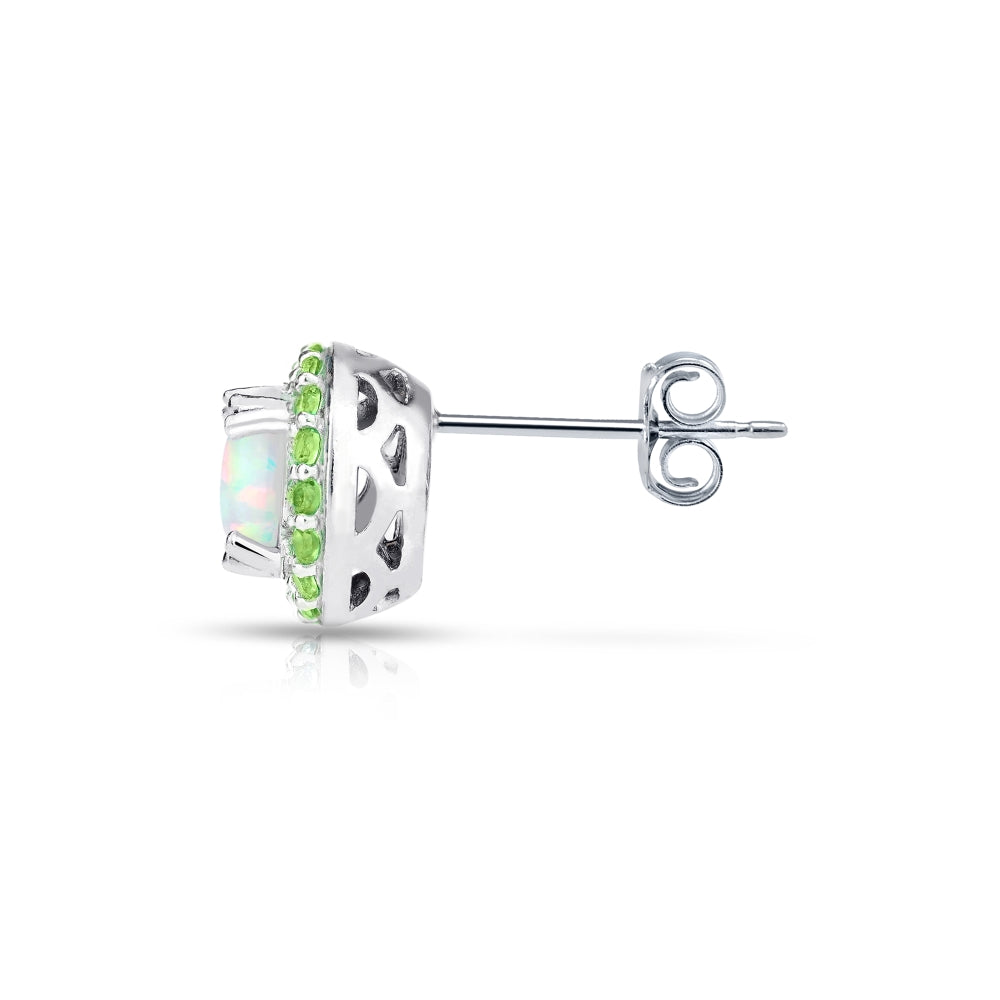 Sterling Silver Created White Opal and Peridot Round Halo Stud Earrings-3