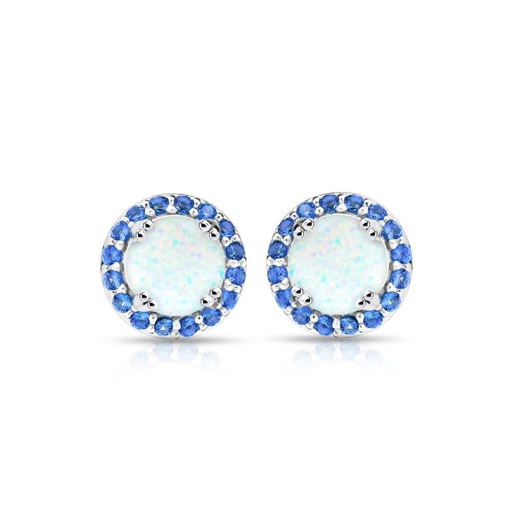 Sterling Silver Created White Opal and Blue Sapphire Round Halo Stud Earrings