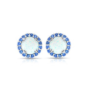Sterling Silver Created White Opal and Blue Sapphire Round Halo Stud Earrings