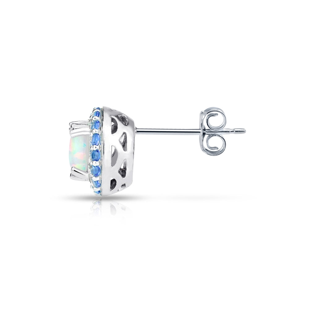 Sterling Silver Created White Opal and Blue Sapphire Round Halo Stud Earrings-3