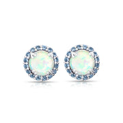 Sterling Silver Created White Opal and Tanzanite Round Halo Stud Earrings