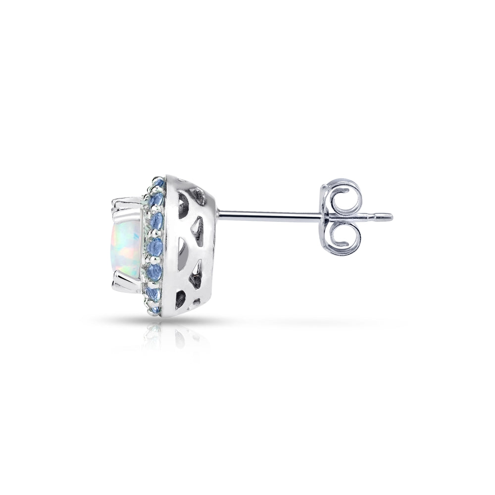 Sterling Silver Created White Opal and Tanzanite Round Halo Stud Earrings-3