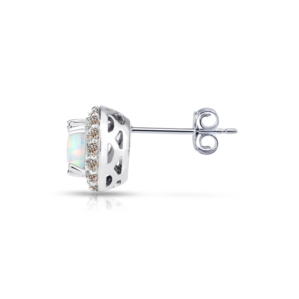 Sterling Silver Created White Opal and Morganite Round Halo Stud Earrings-3