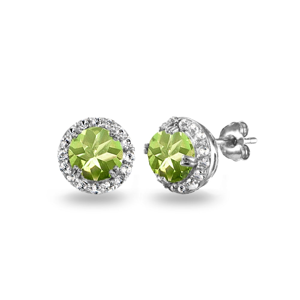 Sterling Silver Peridot & White Topaz Round Halo Stud Earrings