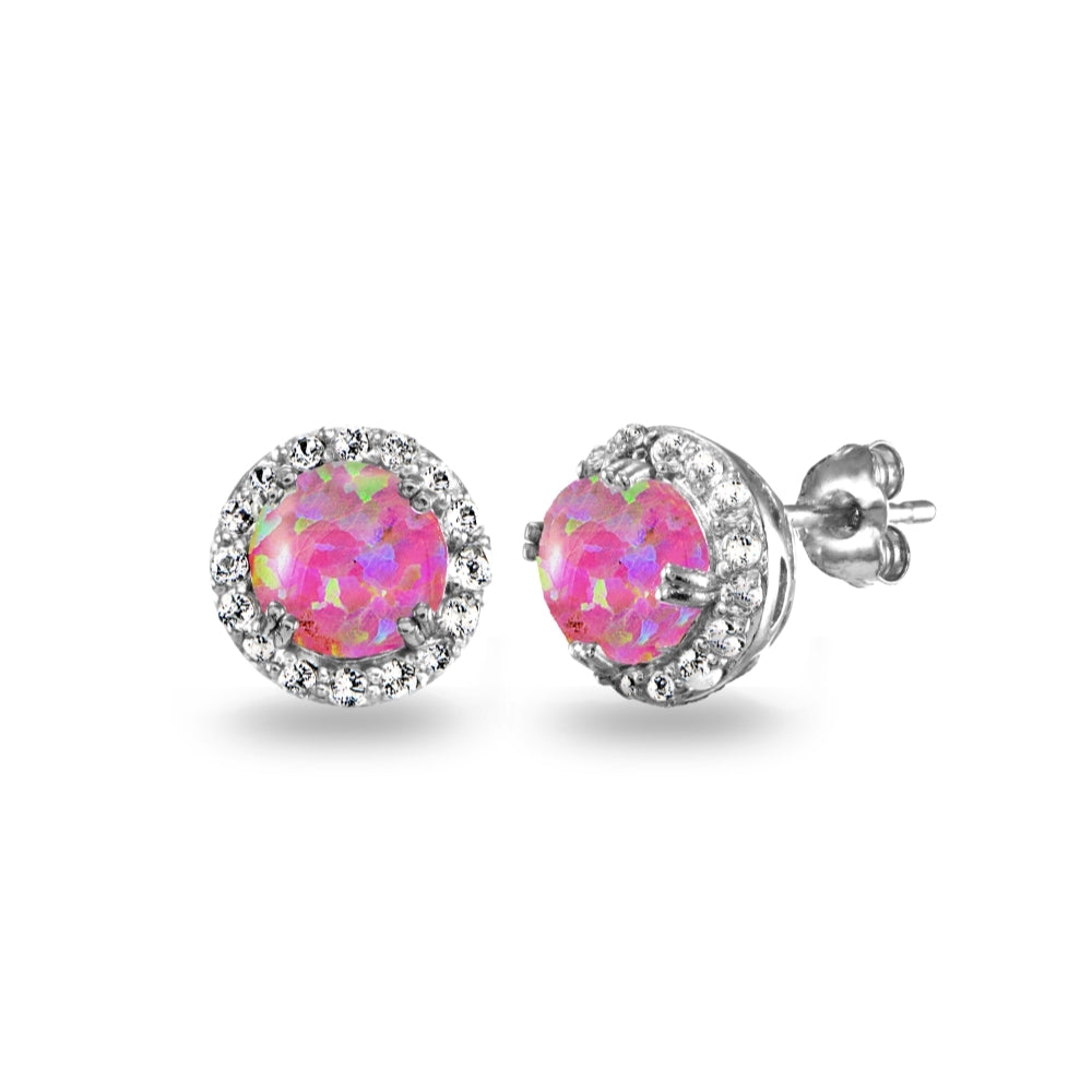 Sterling Silver Created Pink Opal & White Topaz Round Halo Stud Earrings
