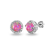 Sterling Silver Created Pink Opal & White Topaz Round Halo Stud Earrings