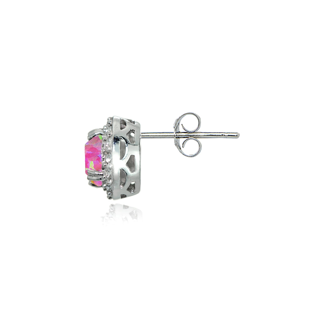 Sterling Silver Created Pink Opal & White Topaz Round Halo Stud Earrings-3