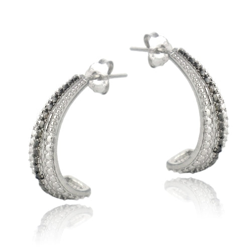 Sterling Silver Black Diamond Accent Striped Half-Hoop Earrings