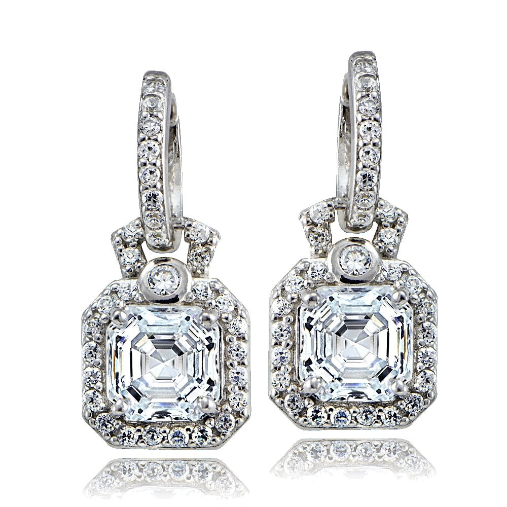 Sterling Silver 4.5ct Asscher Cut CZ Dangle Hoop Earrings