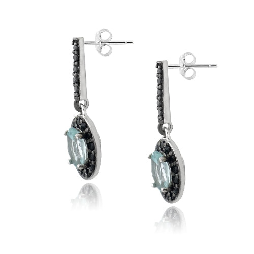 Sterling Silver 2.25ct Blue Topaz & Black Spinel Oval Dangle Earrings-2