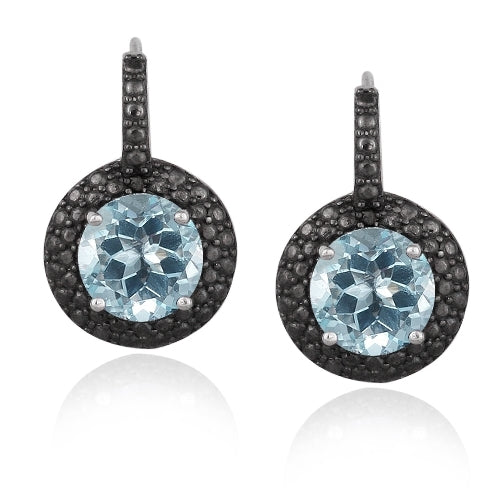 Sterling Silver 5ct Blue Topaz & Black Diamond Accent Leverback Earrings