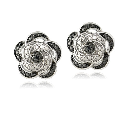 Sterling Silver Black Diamond Accent Flower Stud Earrings