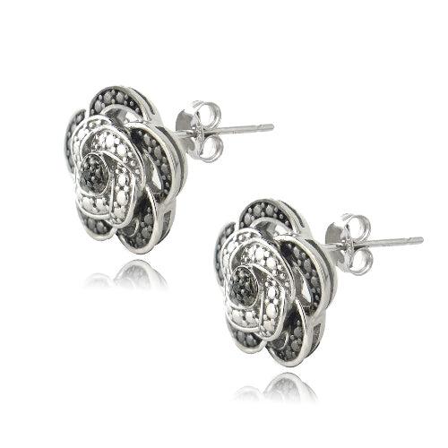 Sterling Silver Black Diamond Accent Flower Stud Earrings-2