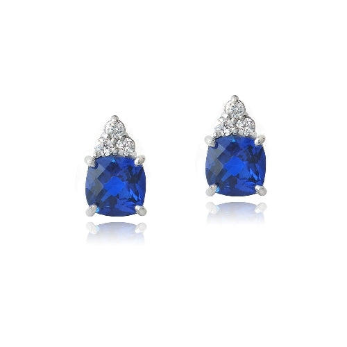 Sterling Silver 2ct Created Blue Sapphire & CZ Cushion Cut Stud Earrings